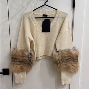 NEW LAPOINTE Cashmere Silk Sweater With Real Fox Fur Cream XS